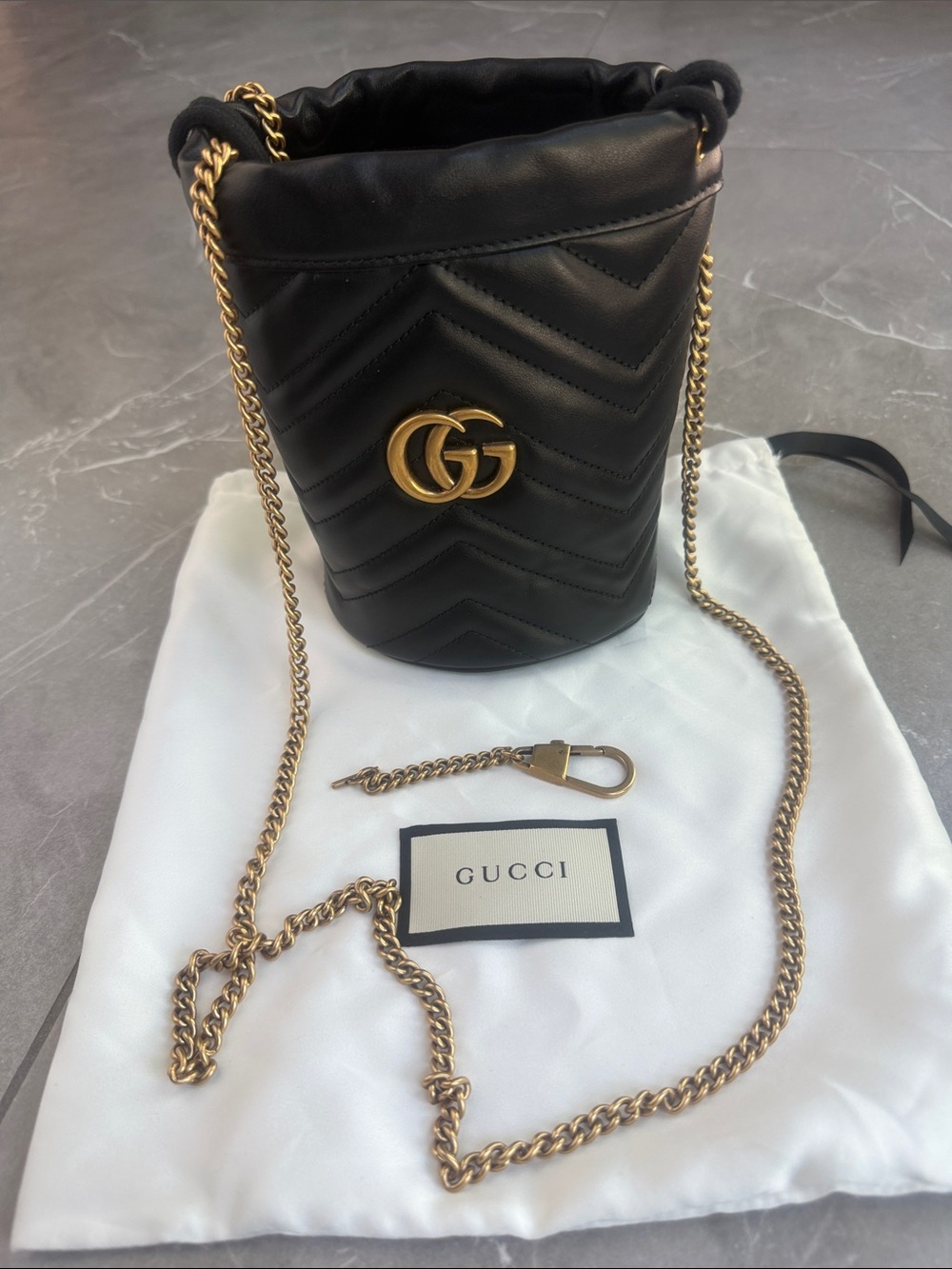Gucci Black Quilted GG Marmont Mini Bucket Bag with Gold Hardware